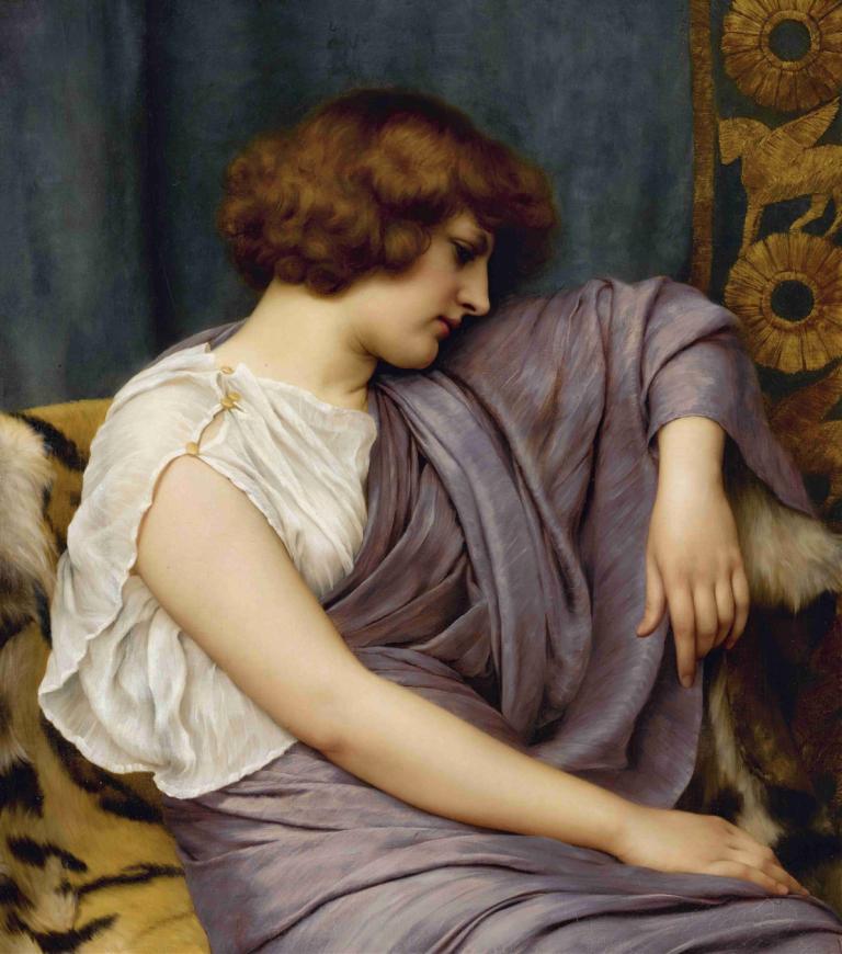 Briseis,布里塞伊斯,John William Godward,约翰-威廉-戈德沃德,油画,油画, 1个女孩, 美术模仿, 独奏, 实际的, 棕色的头发, 短发, 卷发, 坐着, 轮廓, 闭着眼睛, 裙子, 戏仿