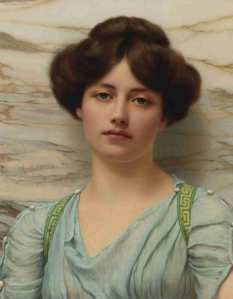 Carina,カリーナ,John William Godward,ジョン・ウィリアム・ゴッドワード,油絵,油絵, 1女の子, 現実的な, ソロ, 茶髪, シャツ, 上半身, 唇, ショートヘア, 視聴者を見ている