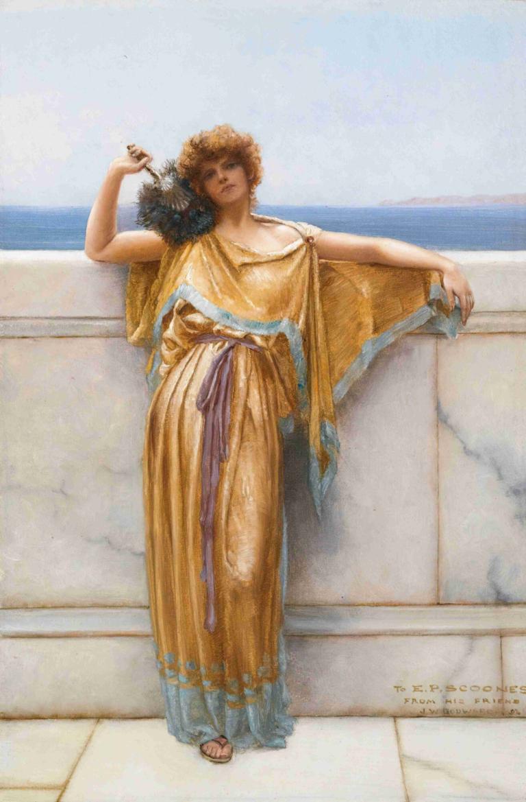 Clymene,John William Godward,约翰-威廉-戈德沃德,油画,油画, 独奏, 美术模仿, 凉鞋, 男性焦点, 海洋, 1男孩, 1个女孩, 常设, 裙子, 户外, 全身, 天, 卷发