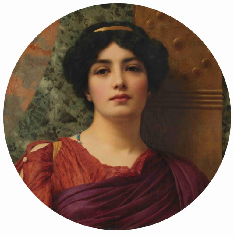 Contemplation,沉思,John William Godward,约翰-威廉-戈德沃德,油画,油画, 1个女孩, 独奏, 珠宝, 黑发, 实际的, 项链, 美术模仿, 看着观众, 黑眼睛, 短发, 肖像