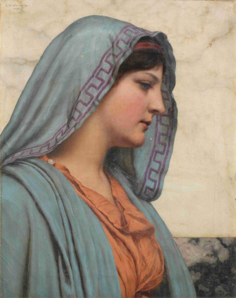 Cytheris,John William Godward,Ελαιογραφία,Ελαιογραφία, 1 κορίτσι, μονοφωνία, Προφίλ, παρωδία καλών τεχνών