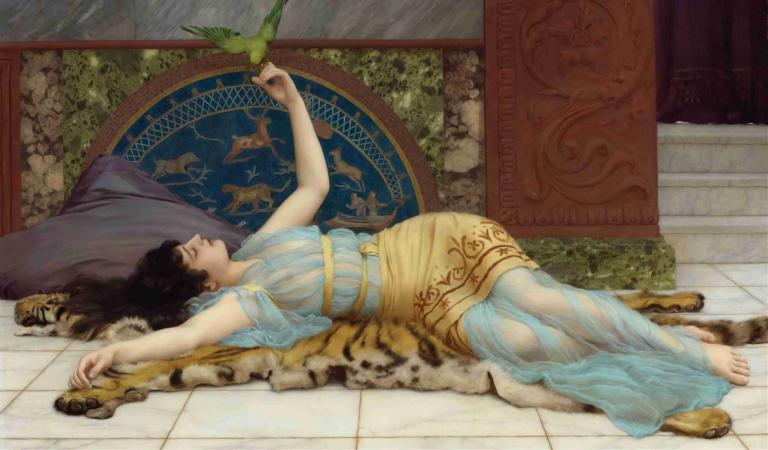 Dolce Far Niente,John William Godward,Oil Painting,Oil Painting, 1girl, bird, barefoot, lying, black hair