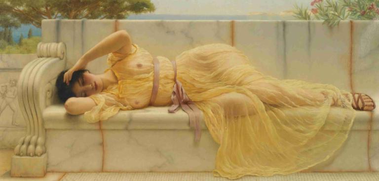 Girl in yellow drapery,Gadis dengan gorden kuning,John William Godward,Lukisan cat minyak,Lukisan cat minyak