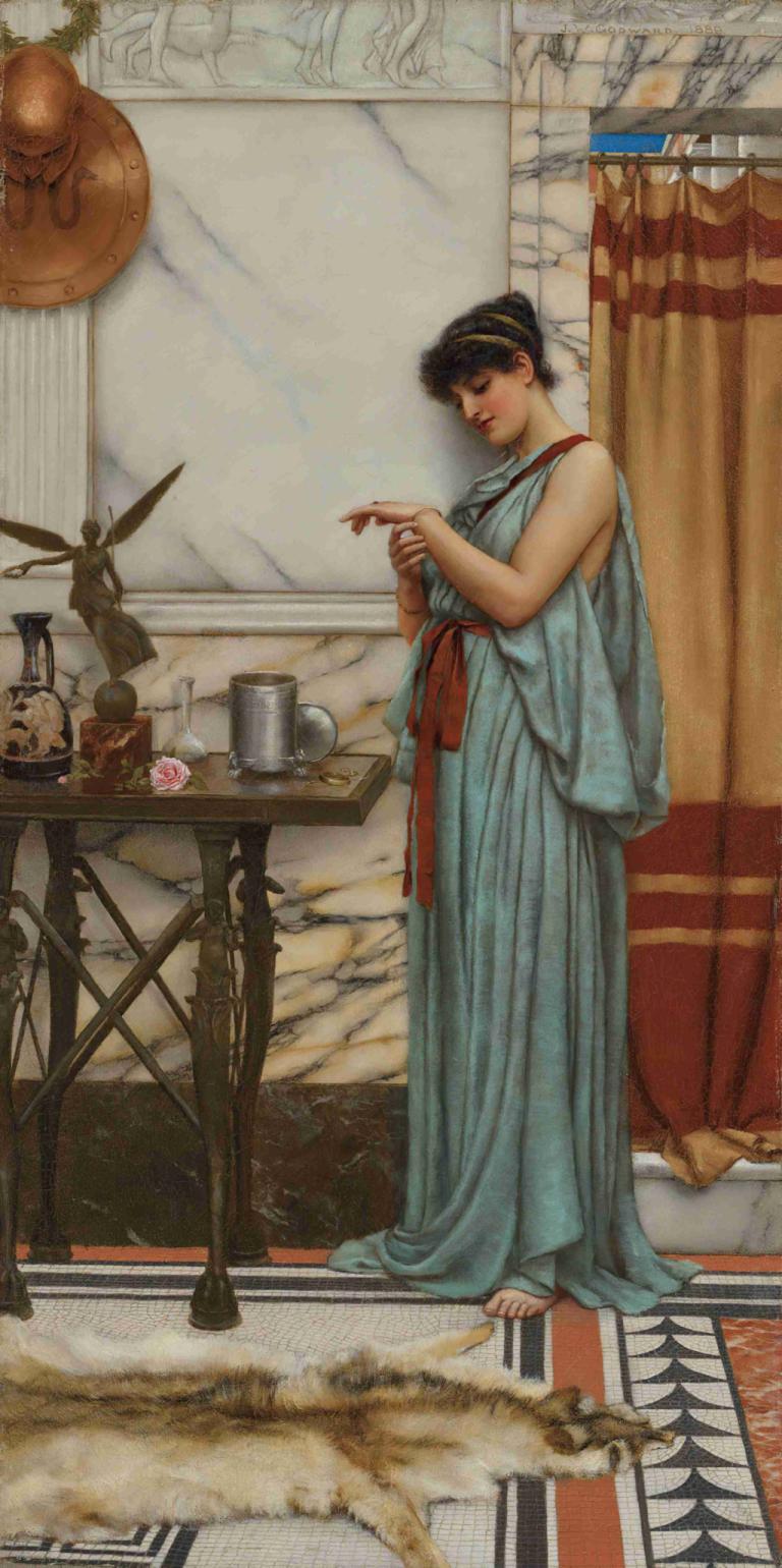 His birthday gift,John William Godward,Oil Painting,Oil Painting, 1girl, solo, black hair, barefoot, table