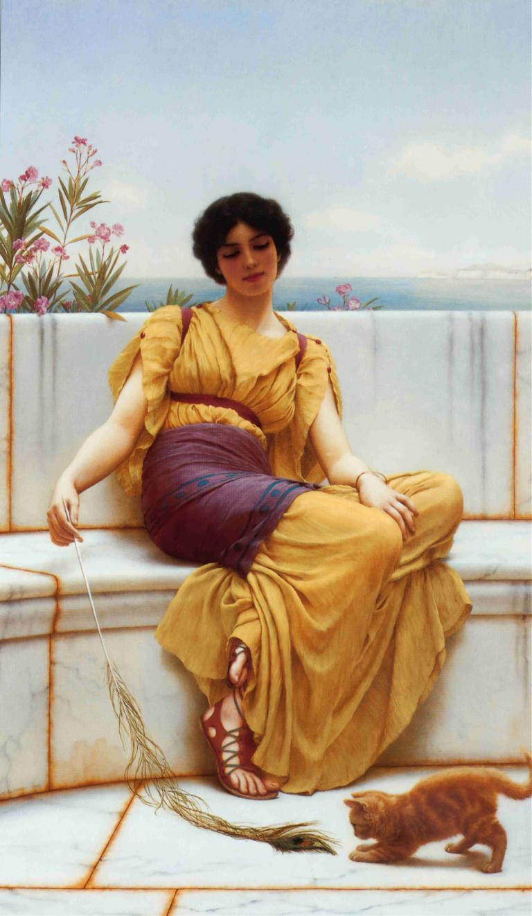 Idleness,怠惰,John William Godward,ジョン・ウィリアム・ゴッドワード,油絵,油絵, 1女の子, 黒髪, 座っている, ソロ, 美術パロディ, 猫, ドレス, サンダル, ショートヘア