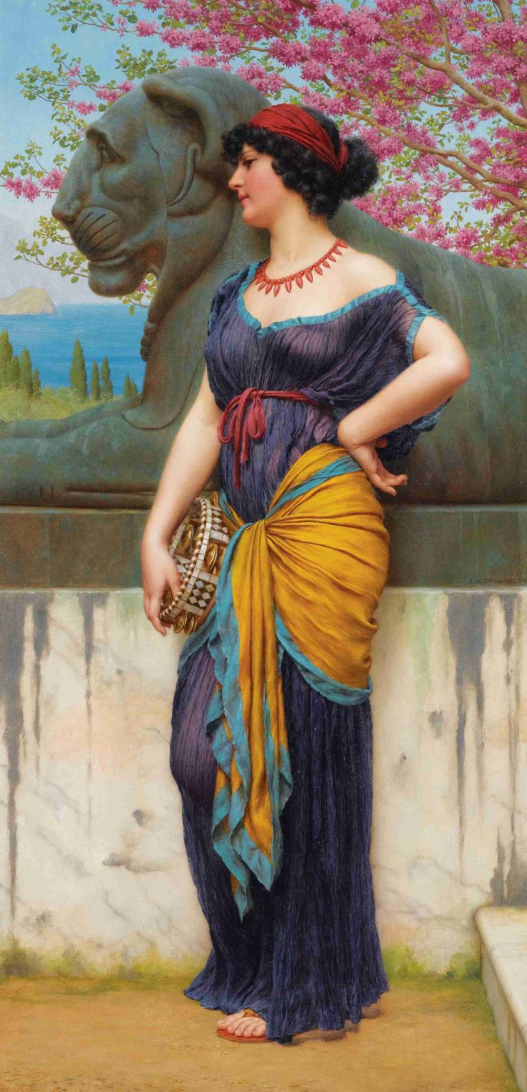 In The Grove Of The Temple Of Isis,イシス神殿の木立の中で,John William Godward,ジョン・ウィリアム・ゴッドワード,油絵,油絵, 美術パロディ, 1女の子, ドレス