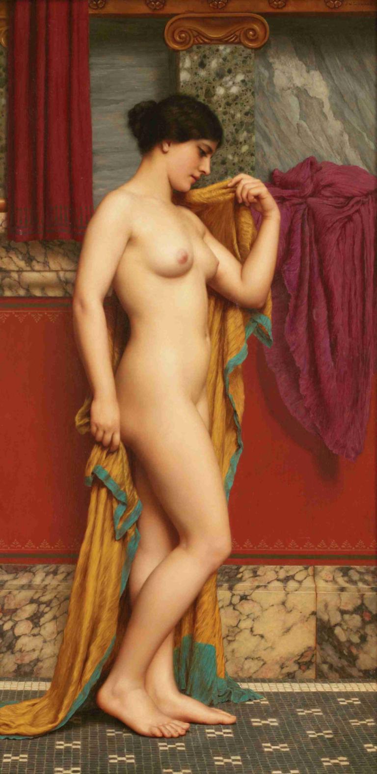 In The Tepidarium,Tepidarium'da,John William Godward,Yağlı boya,Yağlı boya, 1kız, solo, meme uçları, göğüsler