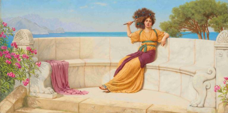 In the Prime of the Summertime (Reverie),John William Godward,Oil Painting,Oil Painting, 1girl, brown hair