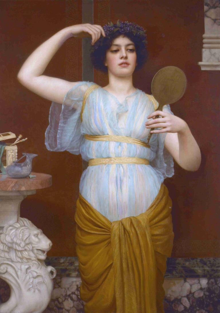 Ione,John William Godward,Oil Painting,Oil Painting, fine art parody, mirror, solo, realistic, 1girl, flower