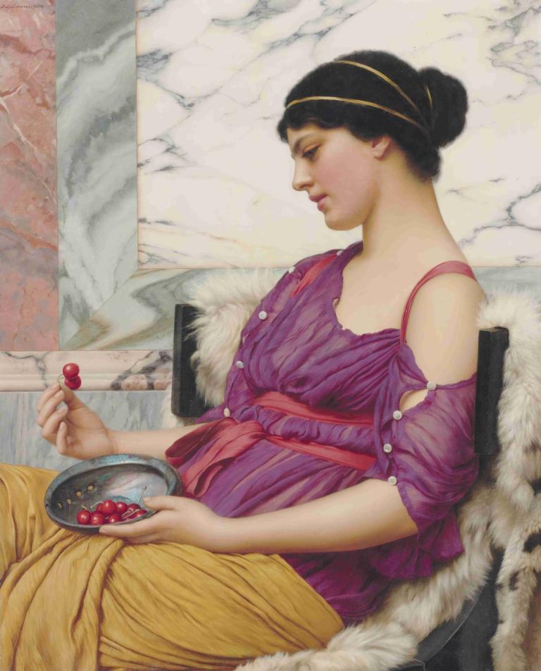 Ismenia,John William Godward,Ελαιογραφία,Ελαιογραφία, 1 κορίτσι, μονοφωνία, τροφή, παρωδία καλών τεχνών