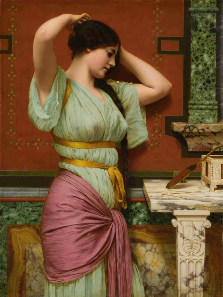 Julia,John William Godward,Pictura in ulei,Pictura in ulei, 1 fata, parodie artistică, solo, par lung