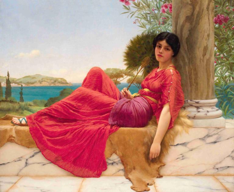 Leaning Against A Column,Opierając się o kolumnę,John William Godward,Obraz olejny,Obraz olejny, 1 dziewczyna