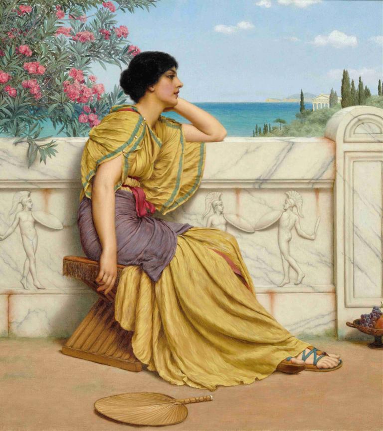 Leisure Hours ,John William Godward,Oil Painting,Oil Painting, black hair, sandals, sitting, sky, solo, day