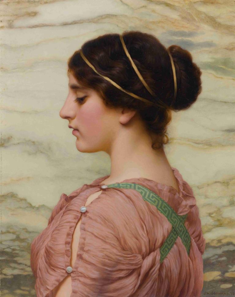 Marcella,John William Godward,Ελαιογραφία,Ελαιογραφία, 1 κορίτσι, μονοφωνία, καστανά μαλλιά, ρεαλιστικός