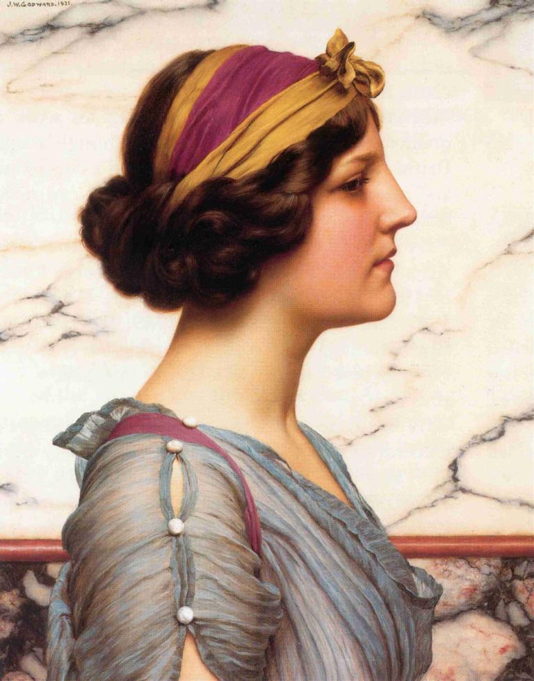 Megilla,John William Godward,Oil Painting,Oil Painting, 1girl, solo, realistic, brown hair, profile