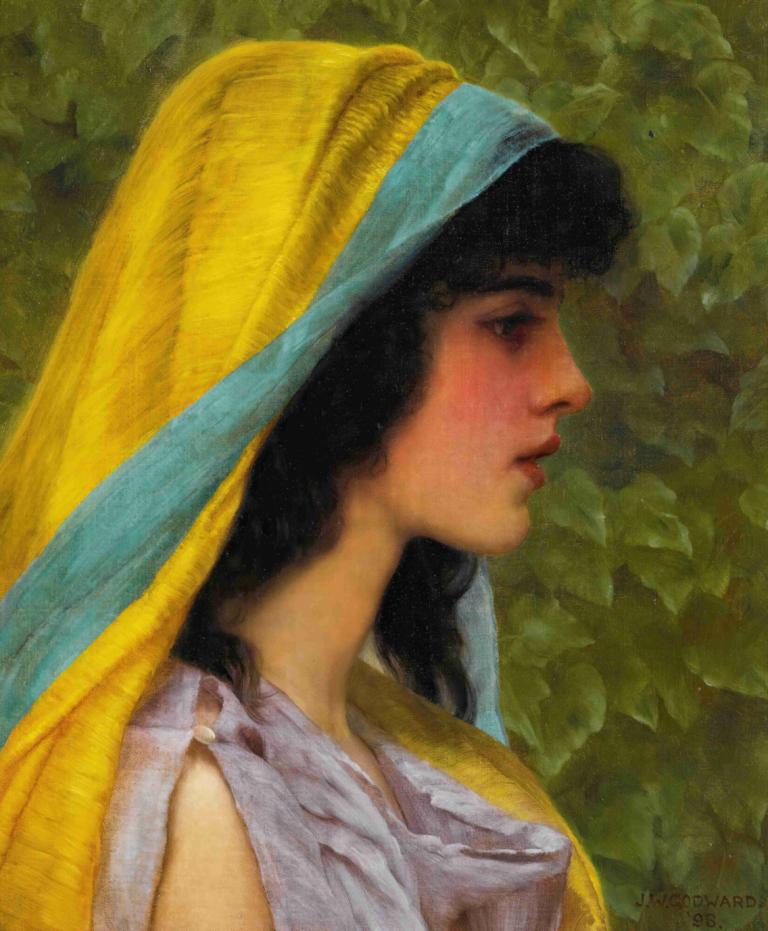 Melissa,John William Godward,Oil Painting,Oil Painting, solo, 1girl, black hair, realistic, profile