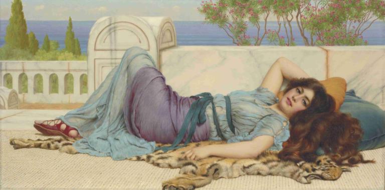 Mischief and Repose,John William Godward,Oil Painting,Oil Painting, 1girl, solo, lying, brown hair