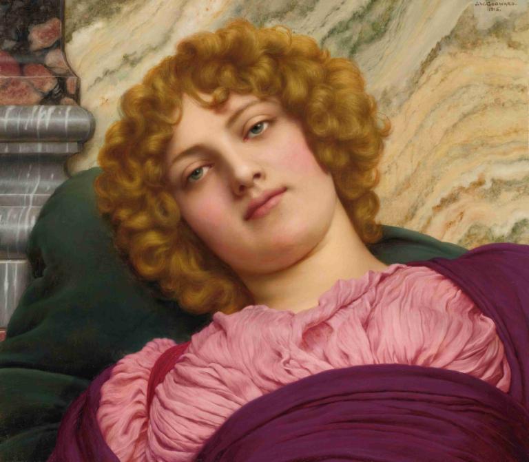 Myrhinna,ミルヒナ,John William Godward,ジョン・ウィリアム・ゴッドワード,油絵,油絵, 現実的な, ソロ, ブロンドの髪, 美術パロディ, 1女の子, 巻き毛, 緑の目, 唇, パロディー