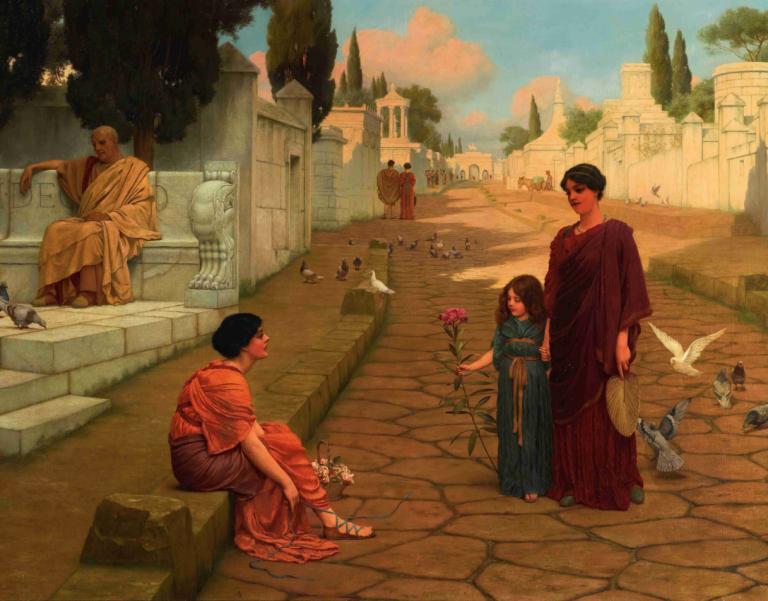 Outside The Gate Of Pompeii,John William Godward,Oil Painting,Oil Painting, bird, flower, multiple girls