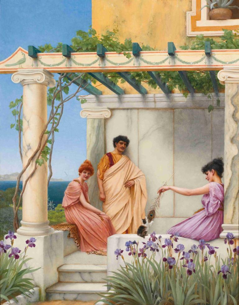 Playtime,Leikkiaika,John William Godward,Öljymaalaus,Öljymaalaus, kuvataideparodia, pukeutua, tehdas