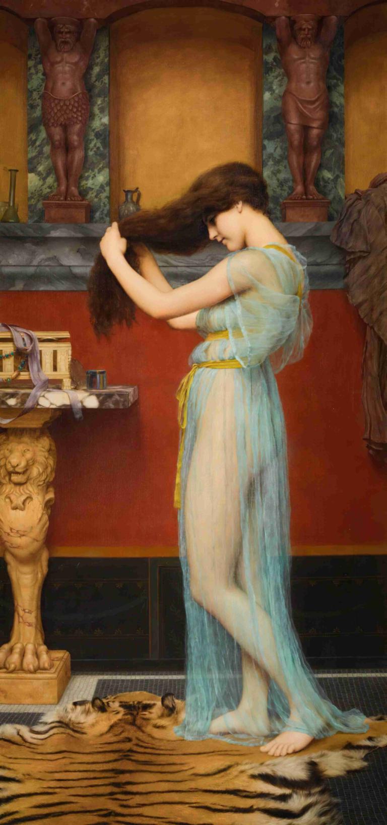 Preparing For The Bath,Valmistautuminen kylpyyn,John William Godward,Öljymaalaus,Öljymaalaus, 1 tyttö