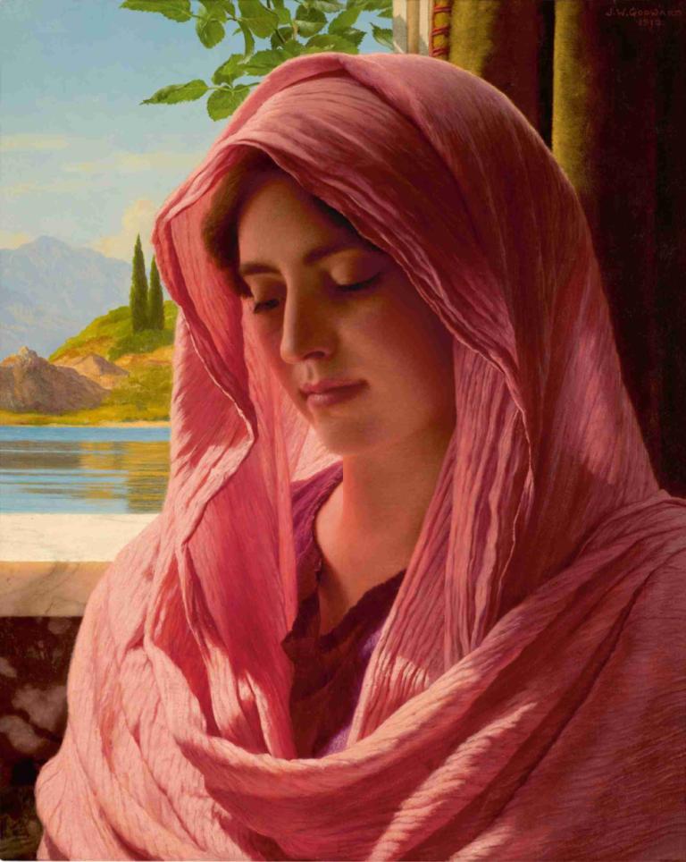 Pyrallis,John William Godward,Peinture à l'huile,Peinture à l'huile, solo, 1fille, yeux fermés, réaliste