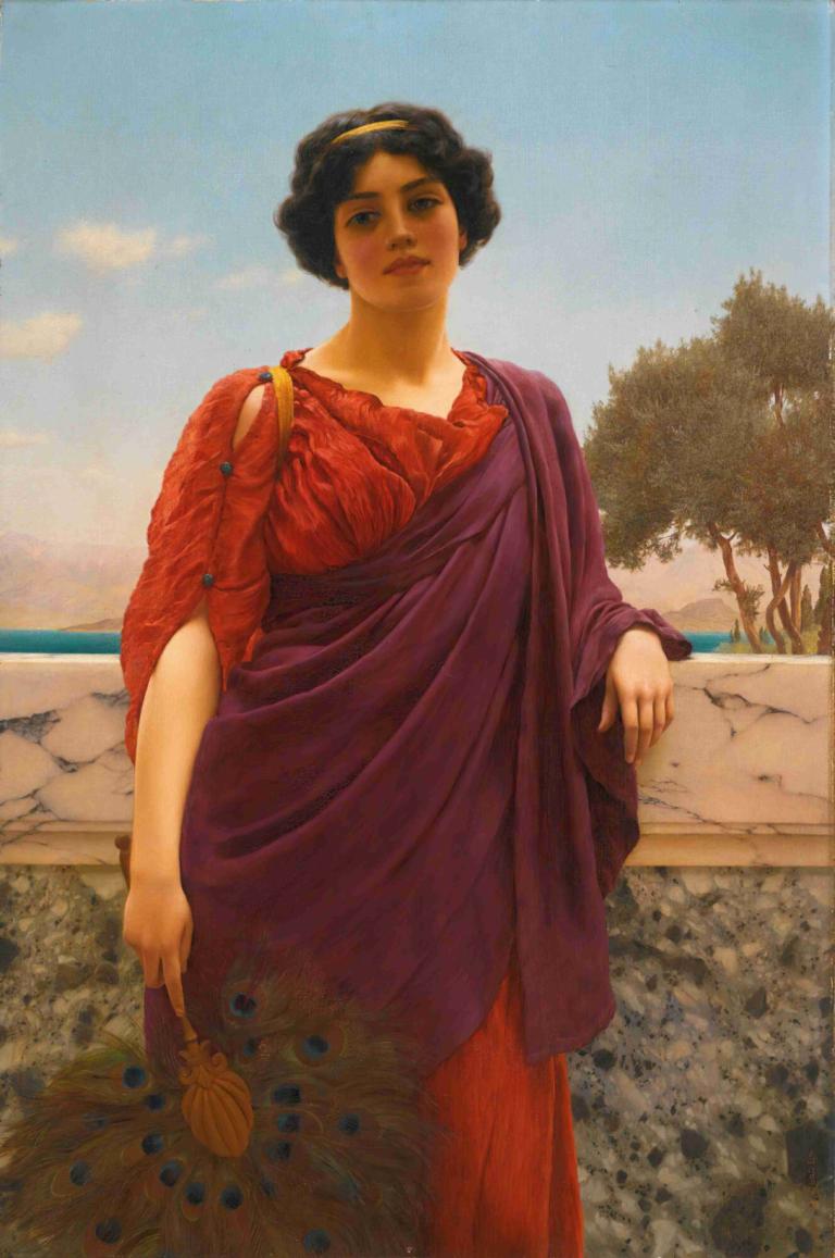 Rendez-Vous,ランデブー,John William Godward,ジョン・ウィリアム・ゴッドワード,油絵,油絵, 1女の子, 美術パロディ, ソロ, ドレス, 黒髪, 屋外, 空, 木, ヘアバンド