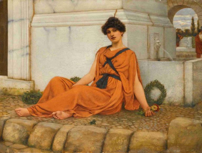 Repose,The Flower Girl,レポーズ、フラワーガール,John William Godward,ジョン・ウィリアム・ゴッドワード,油絵,油絵, 裸足, 1女の子, ソロ, 黒髪, 座っている