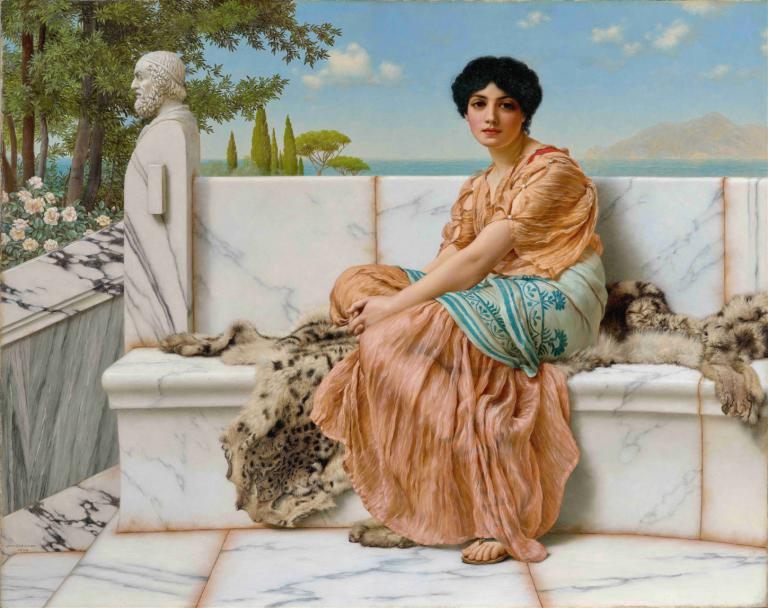 Reverie,John William Godward,Oil Painting,Oil Painting, fine art parody, 1girl, tree, black hair, statue