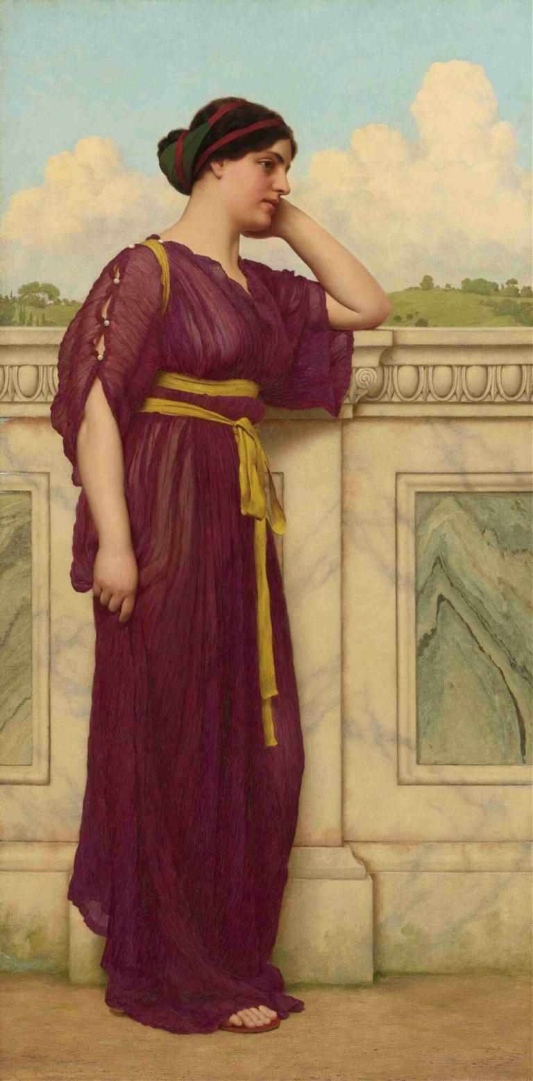 Soft Falls The Eventide,소프트 폴스 더 이벤트사이드,John William Godward,존 윌리엄 고드워드,오일 페인팅,오일 페인팅, 여자 1명, 독주, 헤어 번, 하늘