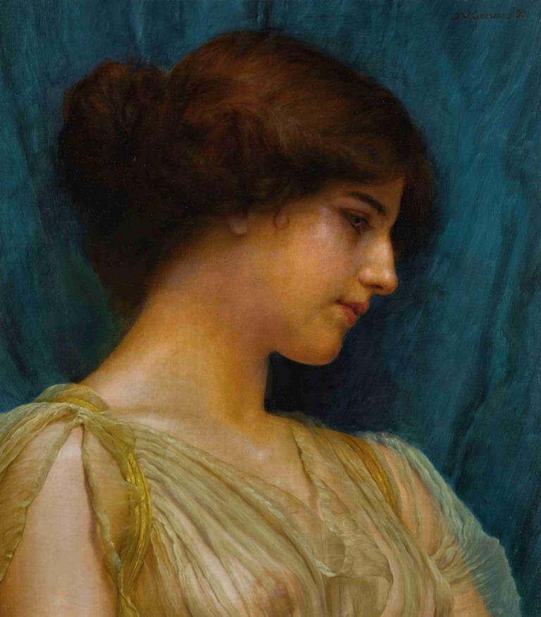 Study of a girl's head,John William Godward,Oil Painting,Oil Painting, 1girl, realistic, solo, brown hair