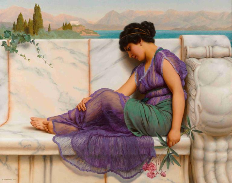 Summer Idleness; Day Dreams,夏日闲适；白日梦,John William Godward,约翰-威廉-戈德沃德,油画,油画, 1个女孩, 独奏, 赤脚, 美术模仿, 花, 黑发, 裙子, 山