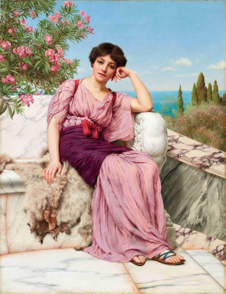 Sweet dreams,甜蜜的梦,John William Godward,约翰-威廉-戈德沃德,油画,油画, 1个女孩, 凉鞋, 独奏, 花, 坐着, 裙子, 天, 天空, 实际的, 粉红色的裙子, 短发