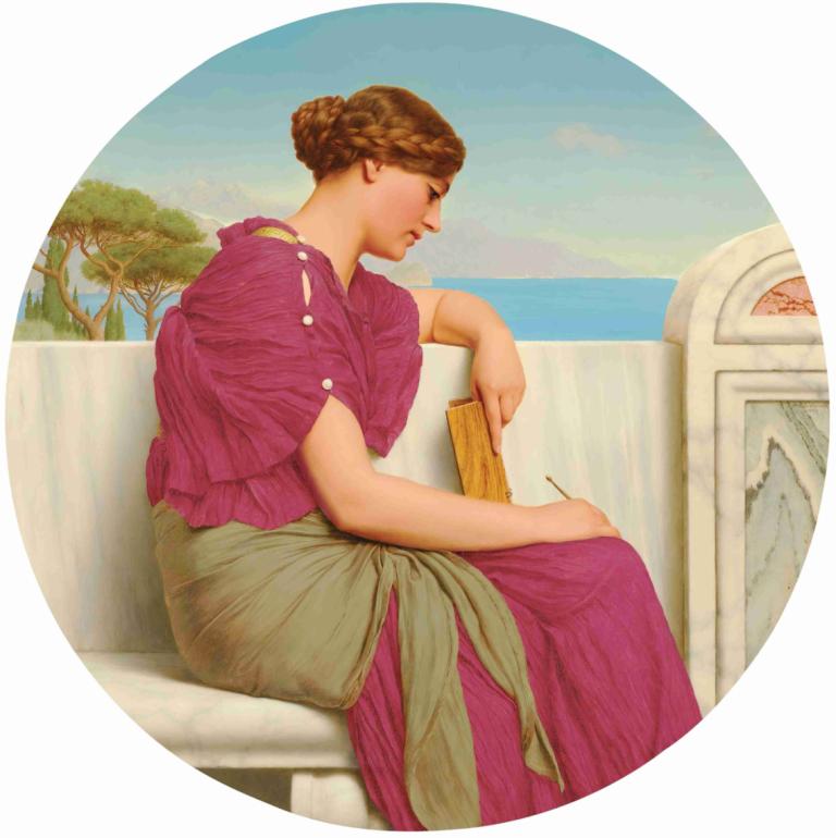 The Answer,Svaret,John William Godward,Oliemaleri,Oliemaleri, 1 pige, solo, siddende, træ, brunt hår