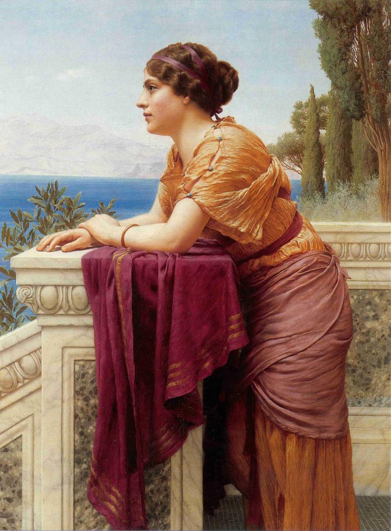 The Belvedere,John William Godward,Oil Painting,Oil Painting, 1girl, solo, fine art parody, traditional media