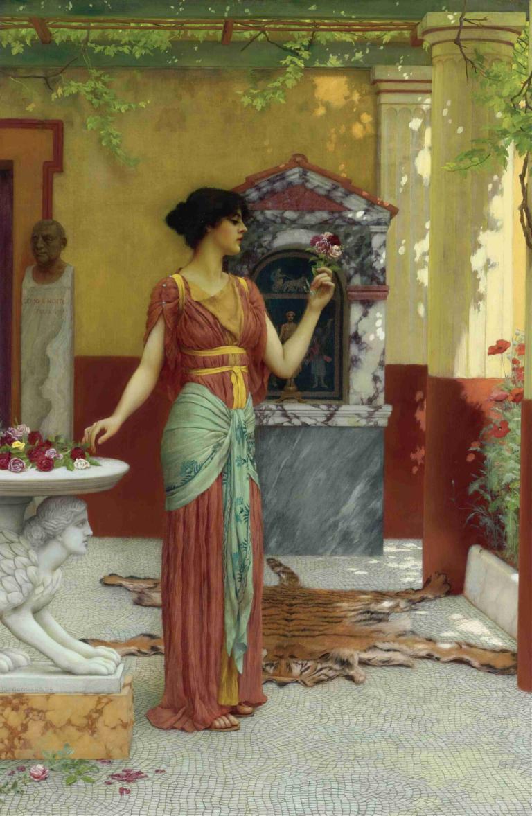 The Bouquet 1899,花束》1899 年,John William Godward,约翰-威廉-戈德沃德,油画,油画, 1个女孩, 花, 裙子, 独奏, 黑发, 雕像, 拿着花, 常设, 花瓶, 实际的