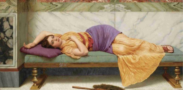 The Day Dream,하루의 꿈,John William Godward,존 윌리엄 고드워드,오일 페인팅,오일 페인팅, 여자 1명, 독주, 거짓말하는, 갈색 머리, 옆에, 미술 패러디, 침상