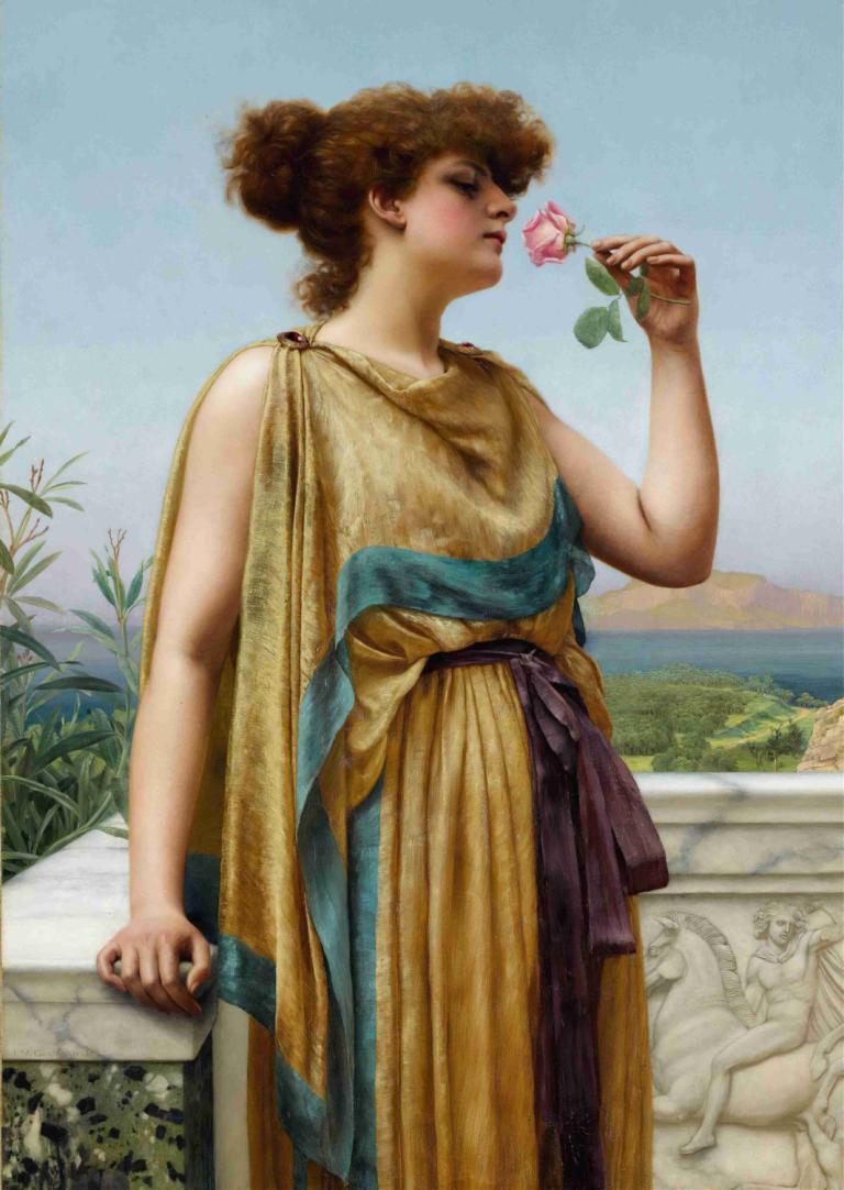 The Fragrant Rose,Dišeča vrtnica,John William Godward,Oljna slika,Oljna slika, 1 dekle, drži rožo, cvet, solo