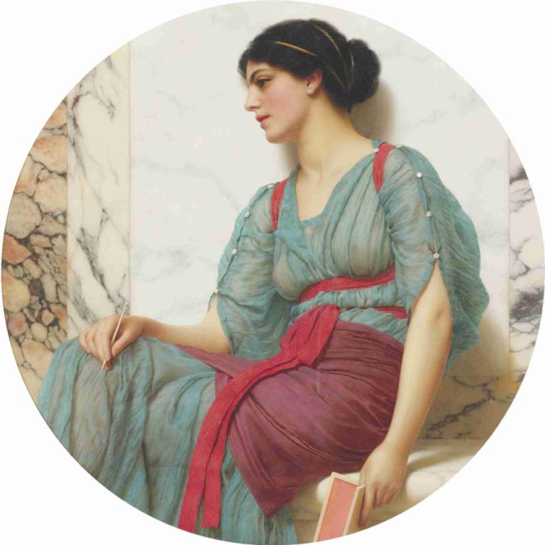 The Love Letter,Aşk Mektubu,John William Godward,Yağlı boya,Yağlı boya, 1kız, solo, oturma, siyah saç