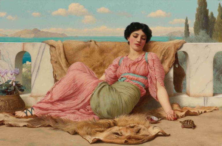 The Quiet Pet,Một thú cưng yên tĩnh.,John William Godward,John William Goldward.,Tranh sơn dầu,Tranh sơn dầu