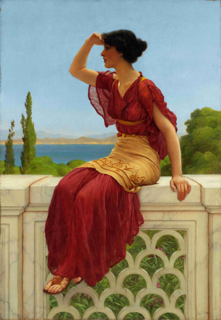 The Signal,John William Godward,Oil Painting,Oil Painting, 1girl, solo, black hair, sitting, sandals