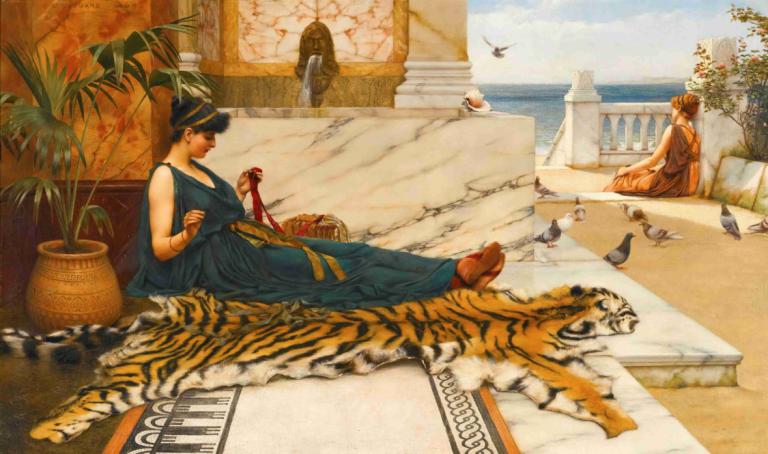 The Tigerskin (Sewing Girl),John William Godward,Oil Painting,Oil Painting, bird, hat, fine art parody