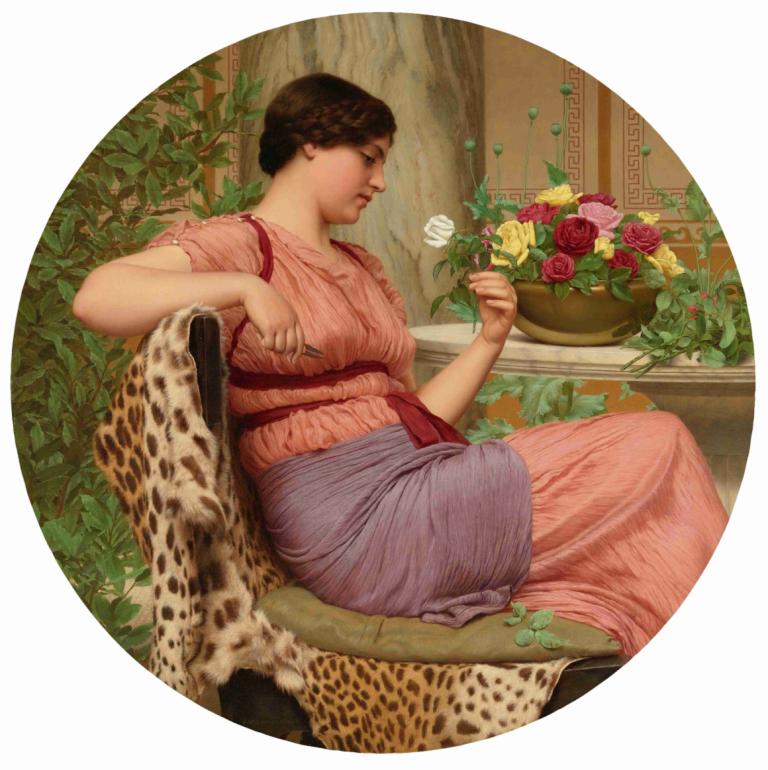 The Time Of Roses,John William Godward,Oil Painting,Oil Painting, 1girl, flower, solo, sitting