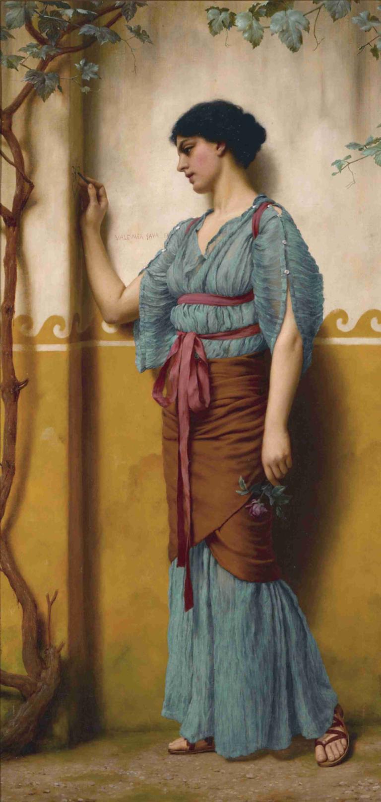 The Trysting Place,トリスティング・プレイス,John William Godward,ジョン・ウィリアム・ゴッドワード,油絵,油絵, ソロ, サンダル, 花, 黒髪, 男性の焦点, 現実的な