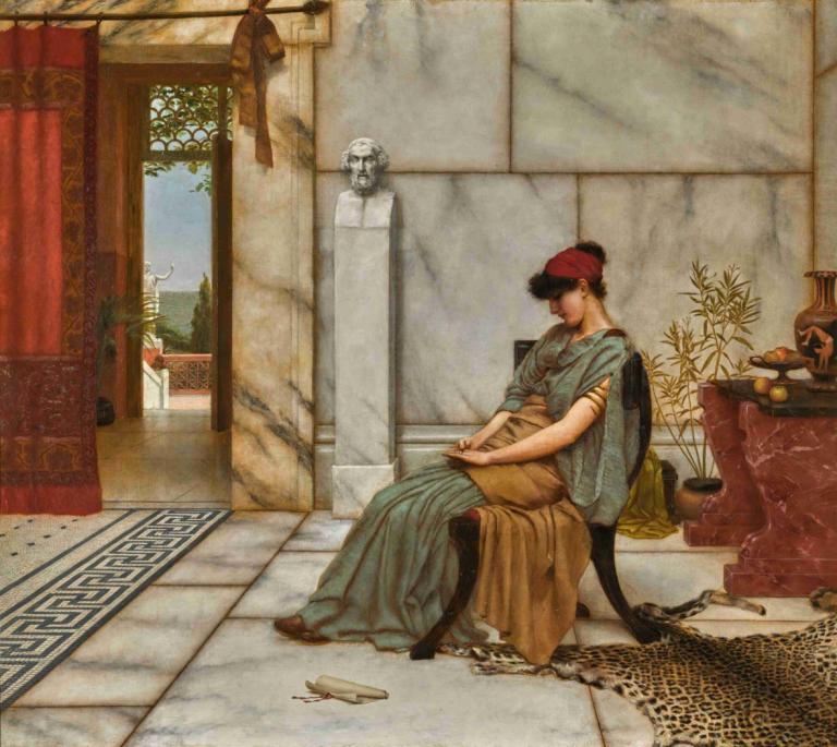 The engagement ring,Forlovelsesringen,John William Godward,Oliemaleri,Oliemaleri, kunstparodi, solo, siddende