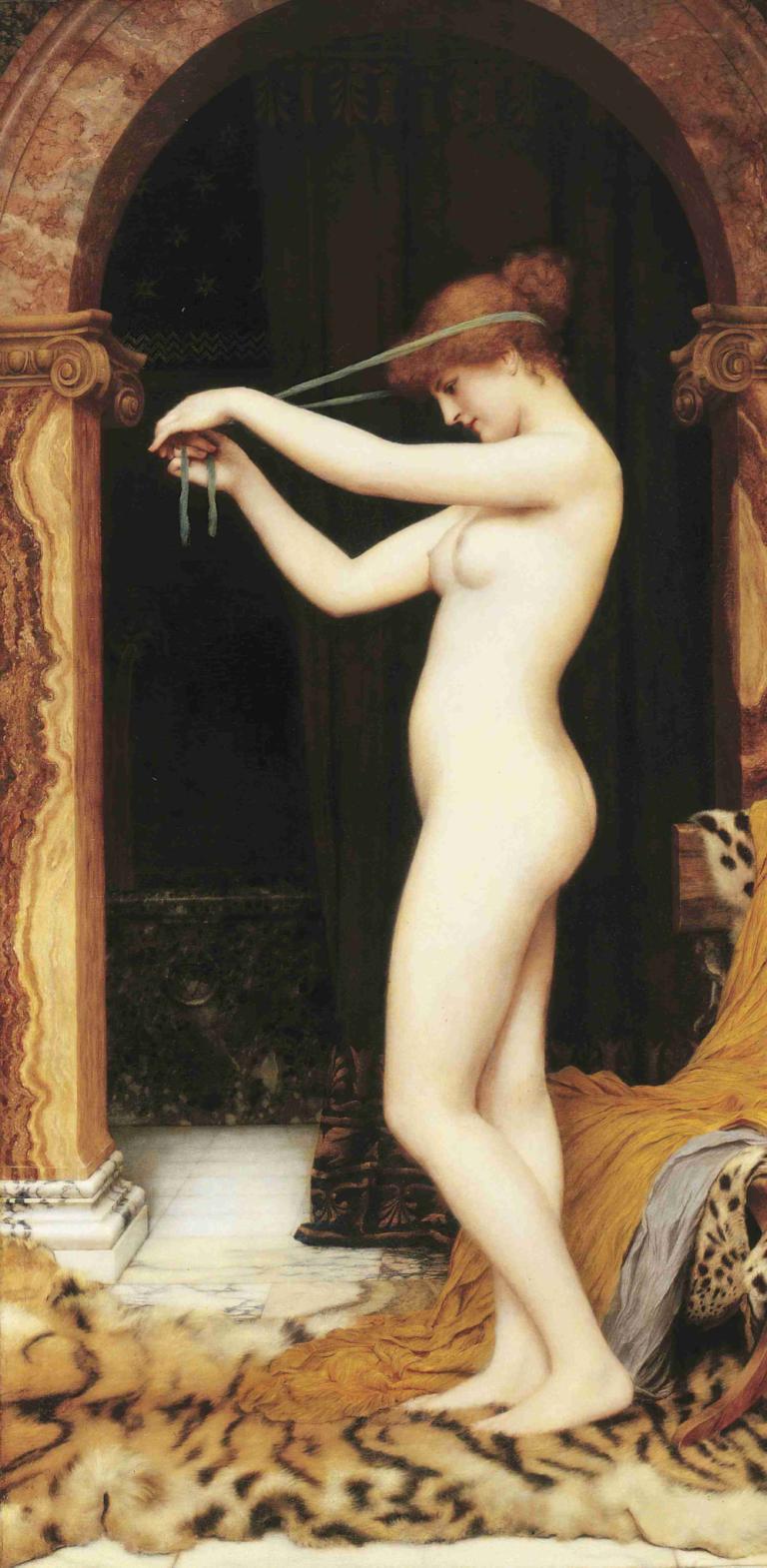 Venus,ヴィーナス,John William Godward,ジョン・ウィリアム・ゴッドワード,油絵,油絵, 美術パロディ, 1女の子, ソロ, ヌード, 胸, おだんごヘア, 立っている, 現実的な, 乳首