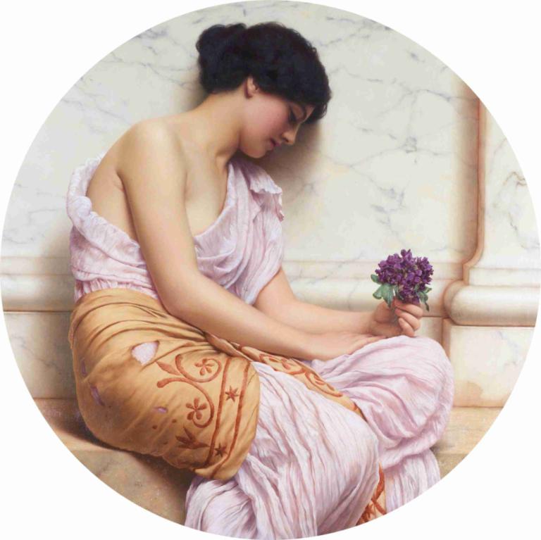 Violets, Sweet Violets,スミレ、甘いスミレ,John William Godward,ジョン・ウィリアム・ゴッドワード,油絵,油絵, 1女の子, ソロ, 花, 現実的な, 黒髪, 花を持っている