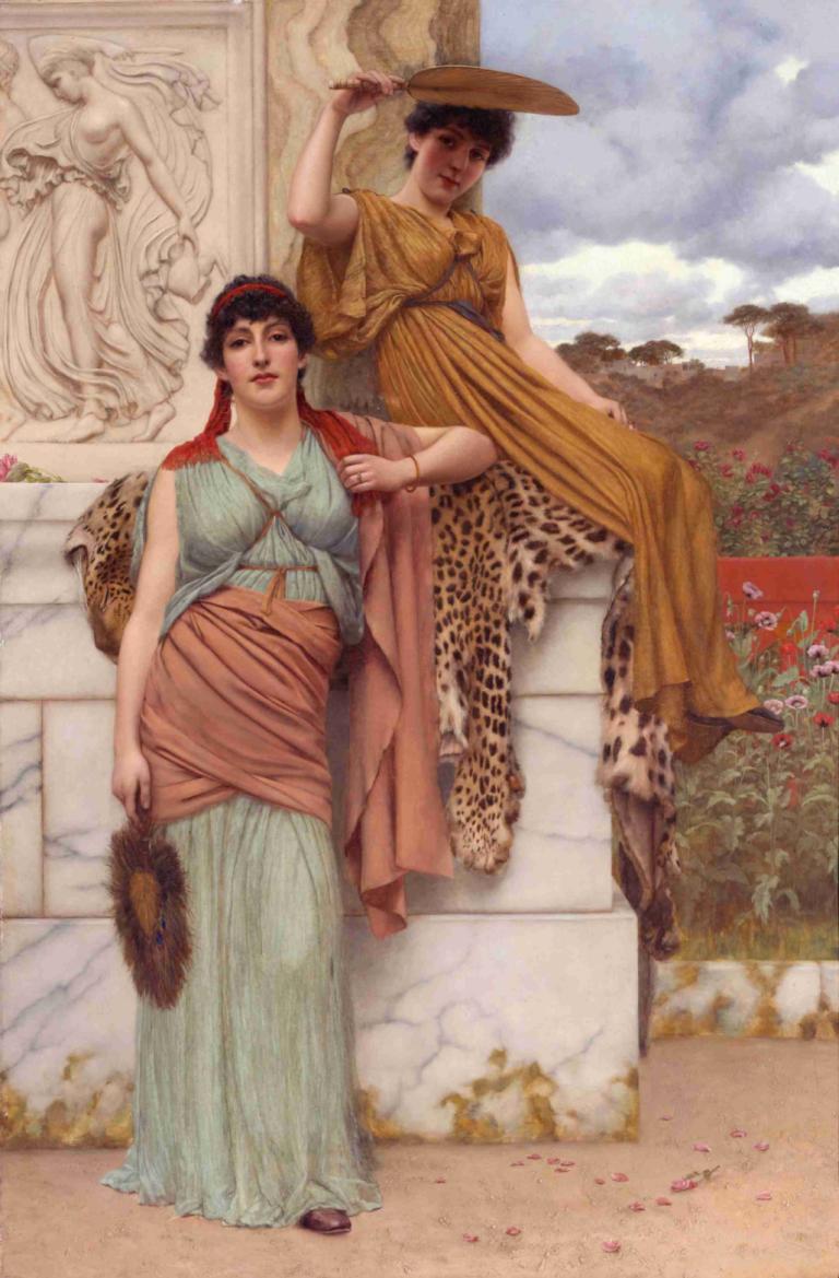 Waiting For The Procession,行列を待つ,John William Godward,ジョン・ウィリアム・ゴッドワード,油絵,油絵, 美術パロディ, 帽子, 複数の女の子, 座っている