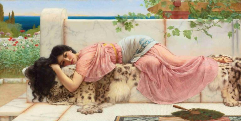 When The Heart Is Young,ハートが若いとき,John William Godward,ジョン・ウィリアム・ゴッドワード,油絵,油絵, 1女の子, 美術パロディ, 黒髪, 長い髪, ソロ, 嘘つき