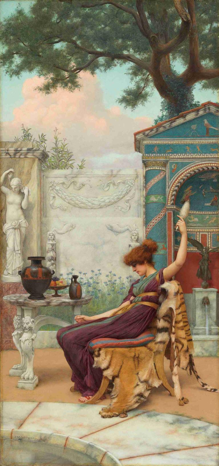 Winding wool in a Pompeian garden,John William Godward,Oil Painting,Oil Painting, 1girl, tree, brown hair